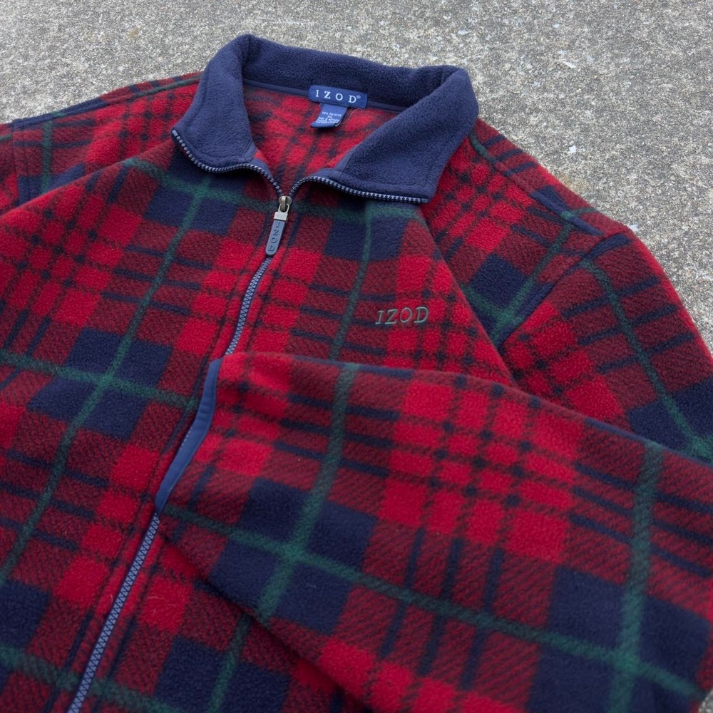Vintage 90s IZOD Plaid Fleece Jacket Red Green Full Zip Outdoors Mens XL f9